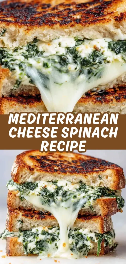 Close-up of a toasted cheese and spinach sandwich with melted cheese stretching out.