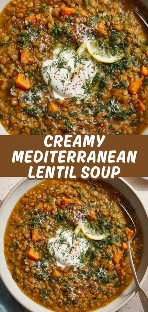 Creamy Mediterranean lentil soup topped with a dollop of yogurt, fresh dill, lemon slices, and a sprinkle of chili flakes.