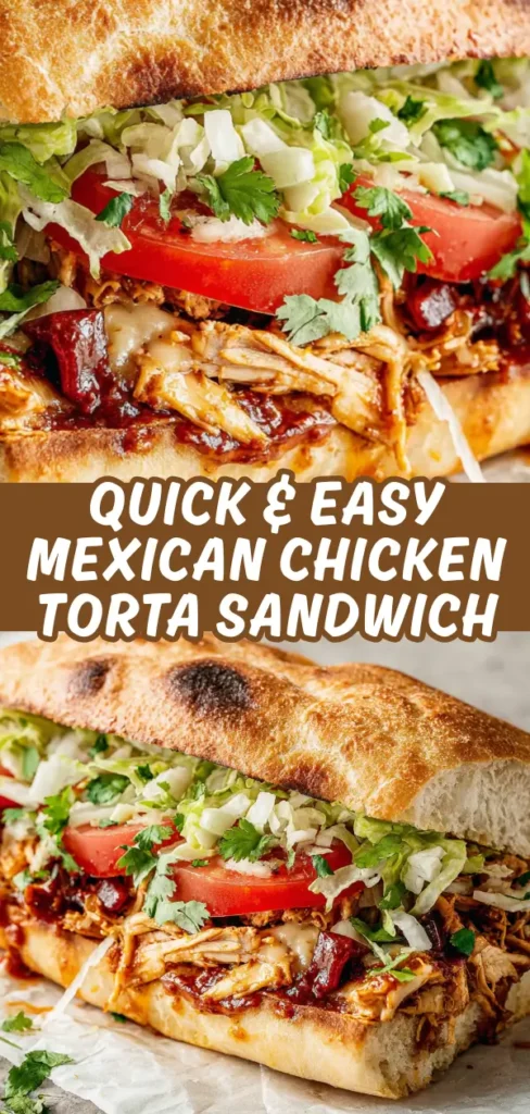 Mexican chicken torta sandwich filled with shredded chipotle chicken, melted cheese, fresh lettuce, tomato, and cilantro on a toasted roll.