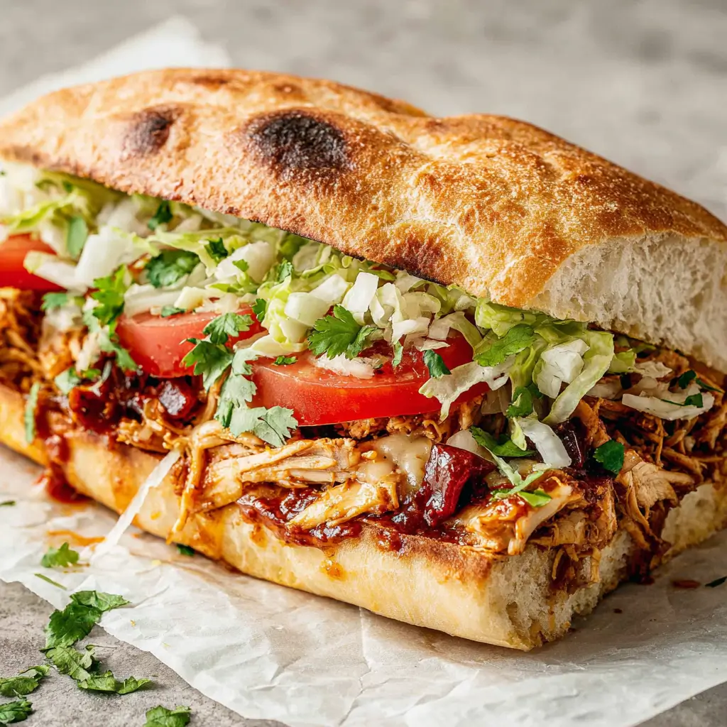 Mexican chicken torta sandwich with shredded chipotle chicken, melted cheese, fresh lettuce, tomato slices, and cilantro on a toasted bolillo roll.