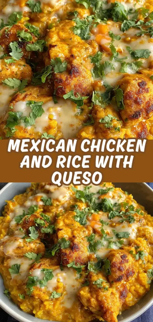 Mexican chicken and rice with queso showing seasoned yellow rice topped with juicy chicken, melted queso cheese, and chopped fresh cilantro.