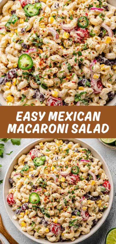 Creamy Mexican macaroni salad tossed with sweet corn, cherry tomatoes, black beans, red onion, and fresh jalapeno slices.