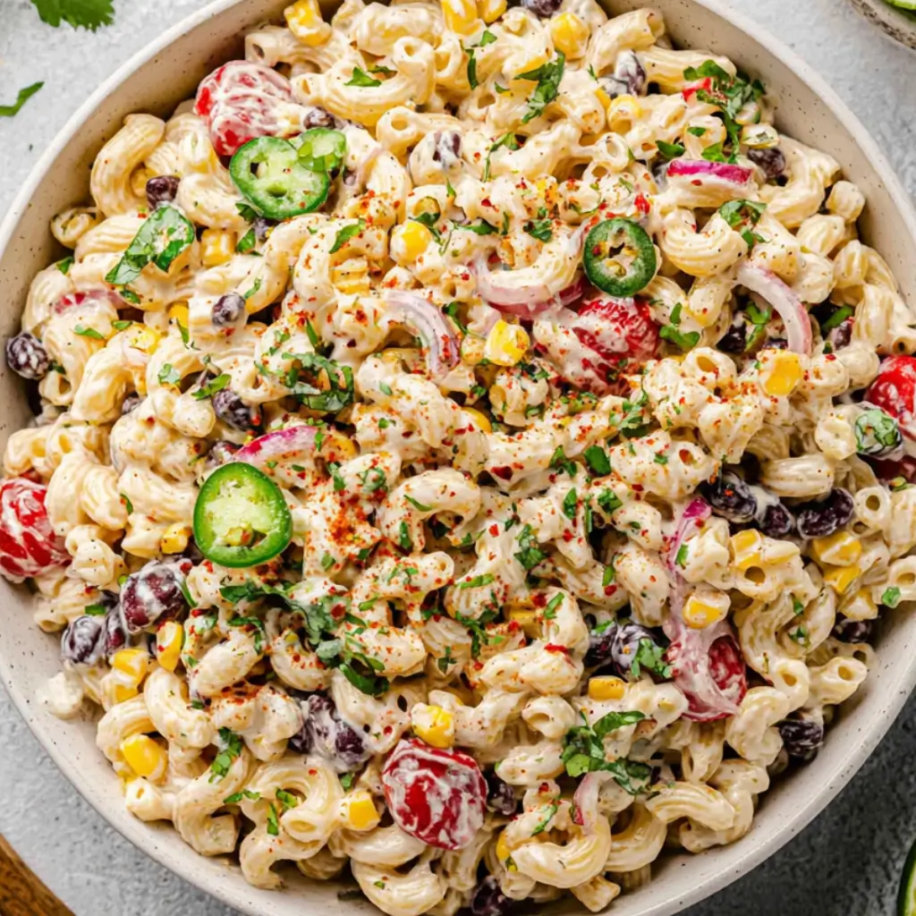 Creamy dreamy Mexican macaroni salad loaded with sweet corn, juicy tomatoes, black beans, and a kick of jalapeno.