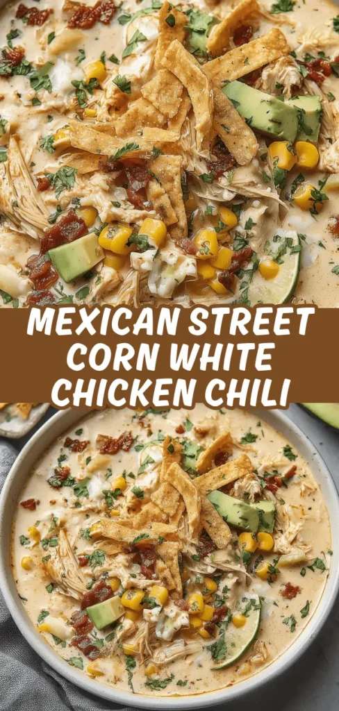 Mexican street corn white chicken chili with shredded chicken, corn, tortilla strips, avocado, bacon bits, and fresh cilantro in a creamy bowl.