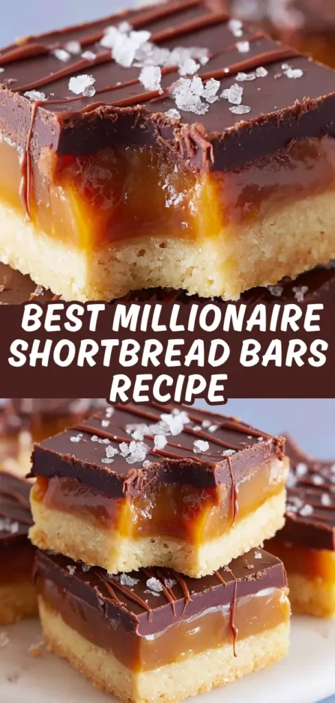 Millionaire shortbread bars stacked with buttery shortbread, gooey caramel, and dark chocolate topped with flaky sea salt.
