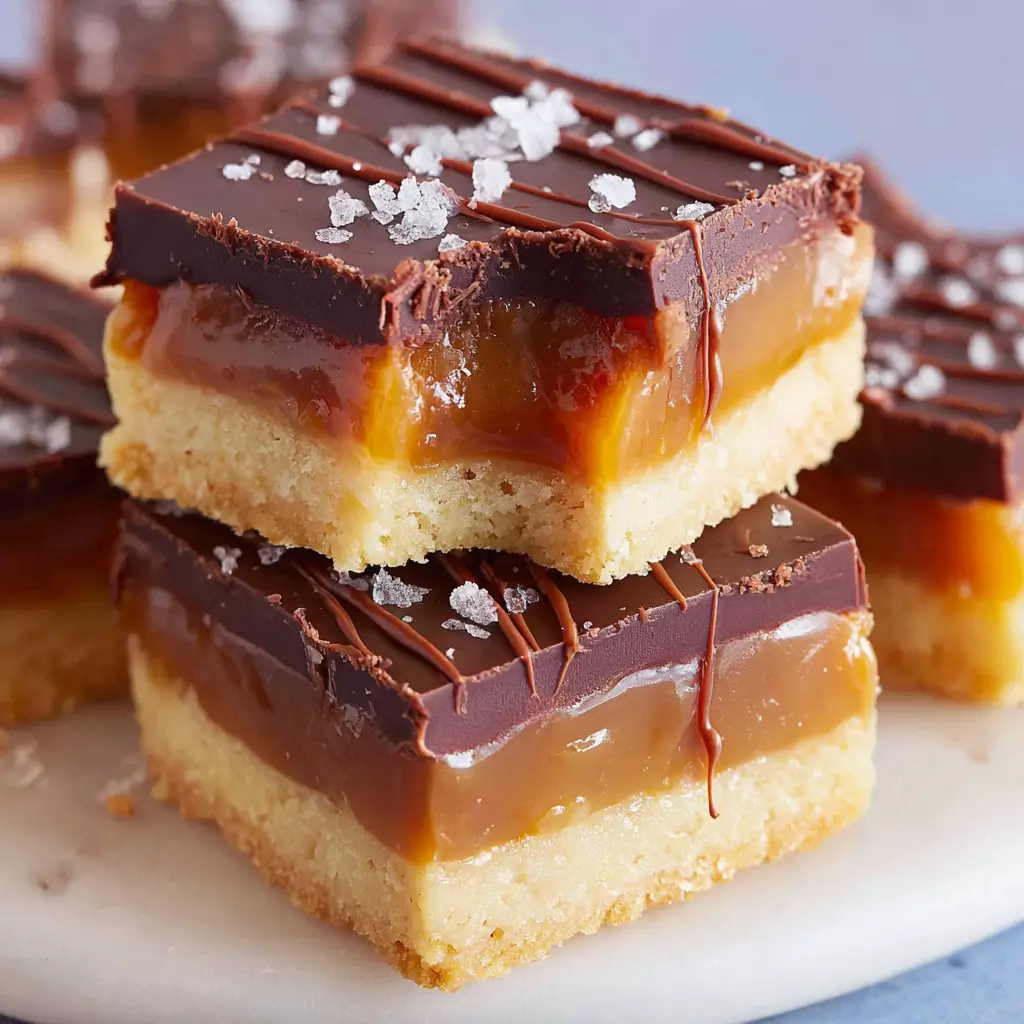 Millionaire shortbread bars stacked with buttery shortbread base, thick caramel layer, and dark chocolate topping sprinkled with sea salt.