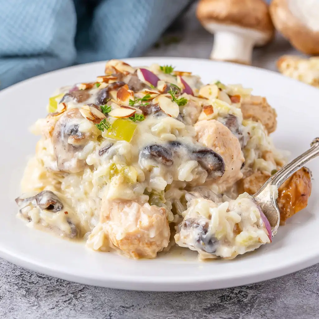 Mushroom Gruyere chicken and rice casserole with tender chicken, mushrooms, leeks, and toasted almonds in a creamy sauce.