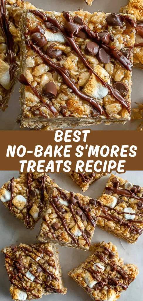 No-bake s'mores treats sliced into squares packed with crispy rice cereal, gooey marshmallows, chocolate chips, and drizzled with melted chocolate.
