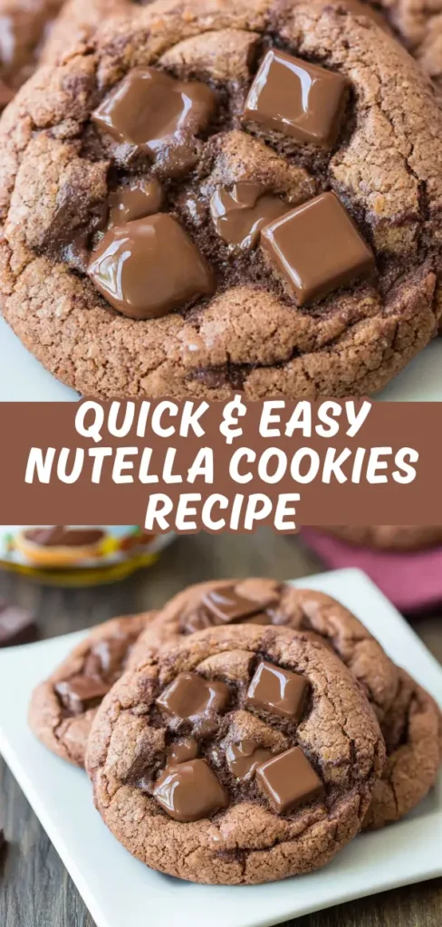 Nutella cookies stacked on a white plate with cracked tops and melty chocolate chunks nestled in the centers.