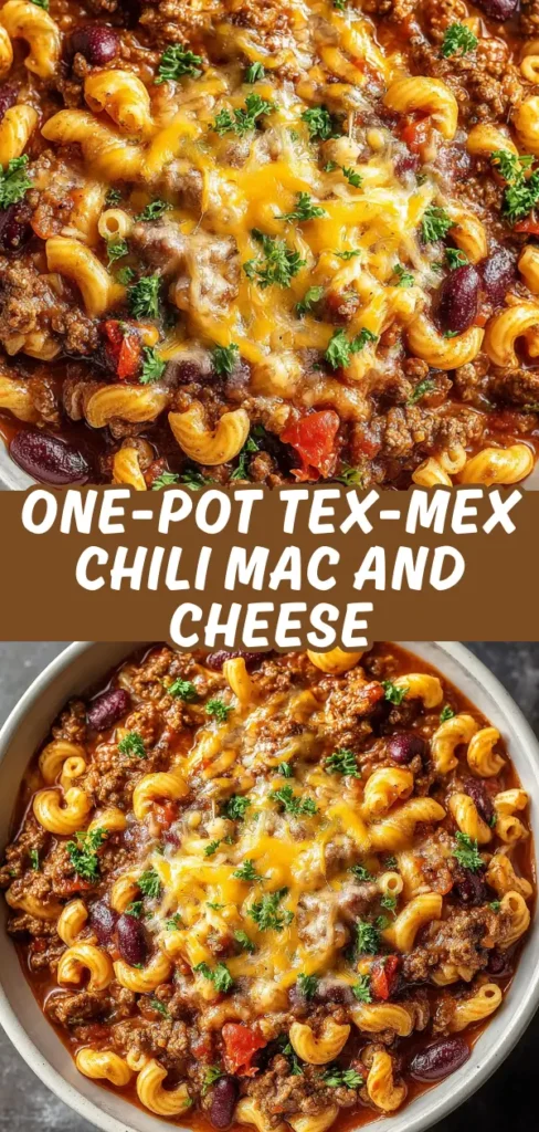 One-pot Tex-Mex chili mac and cheese with elbow pasta, seasoned ground beef, kidney beans, tomatoes, and melted cheddar cheese in a bowl.