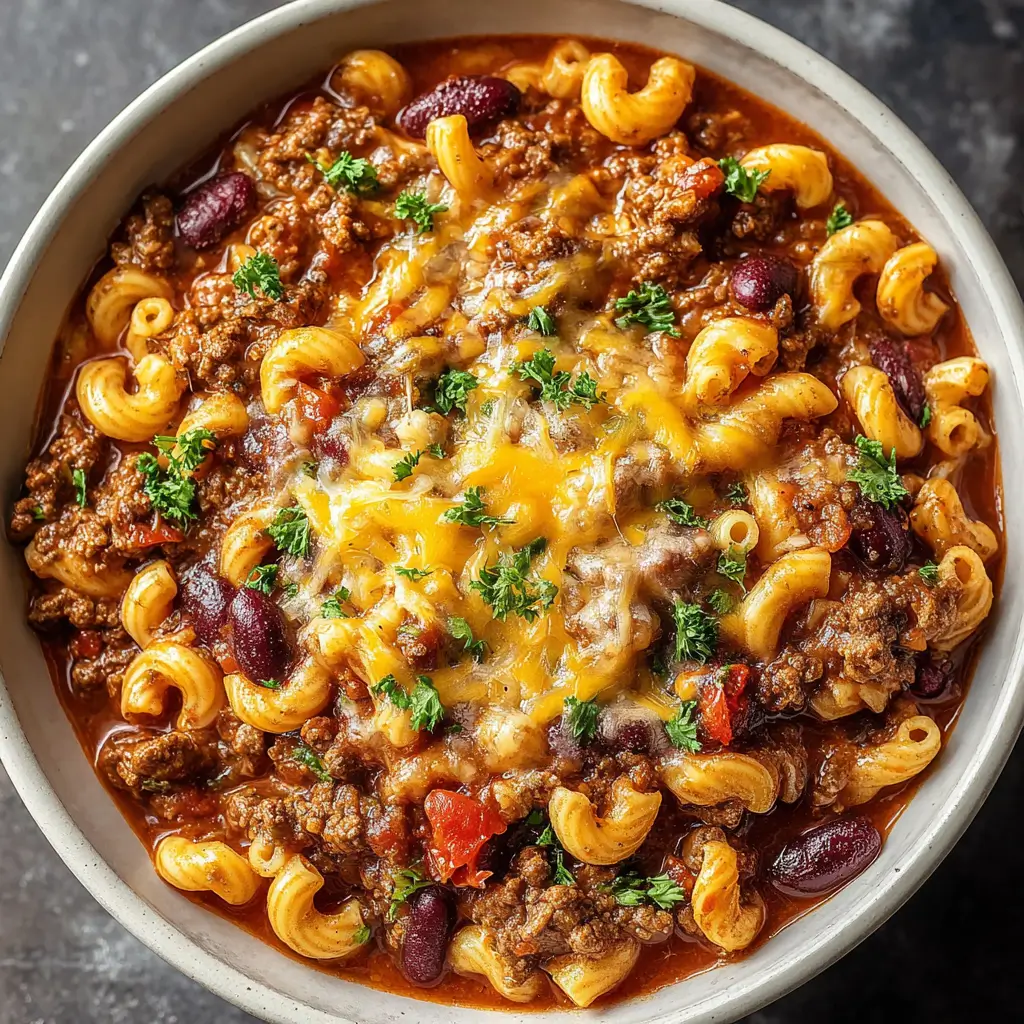 One-pot Tex-Mex chili mac and cheese with elbow macaroni, ground beef, kidney beans, tomatoes, and melted cheddar cheese in a bowl.