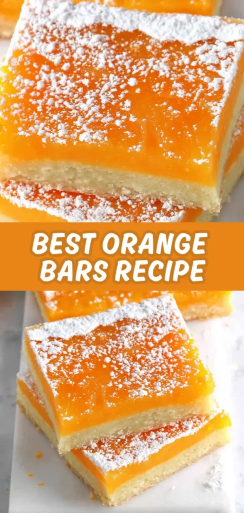 Two slices of orange bars with a glossy orange glaze on top, sprinkled with powdered sugar, served on a white surface.
