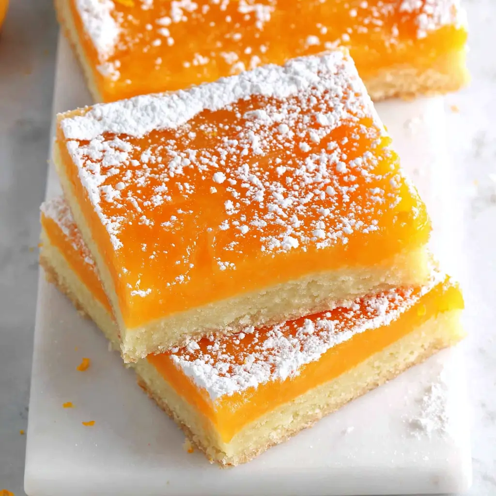 Two slices of peach cake with a glossy peach glaze topping, sprinkled with powdered sugar, served on a white plate.