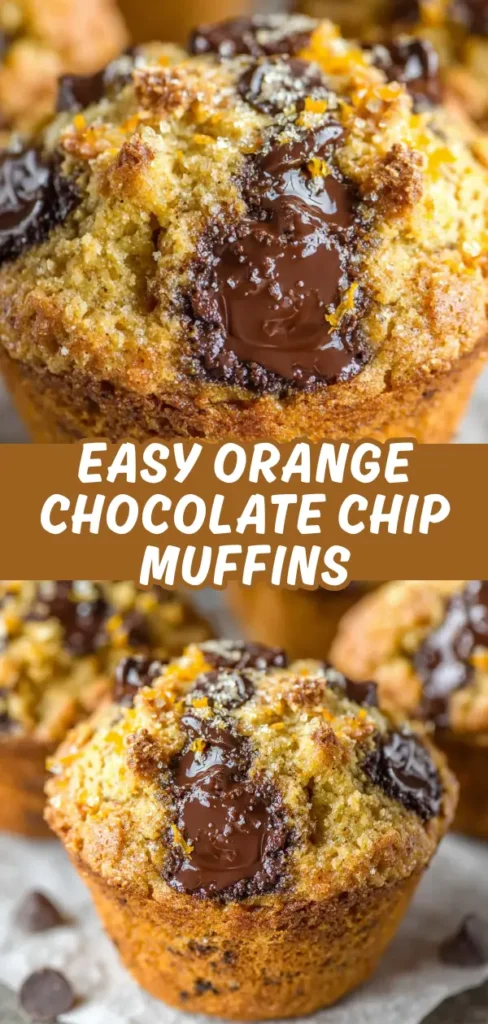 Orange chocolate chip muffins with golden crumbly tops, melted dark chocolate pools, and fresh orange zest sprinkled throughout.