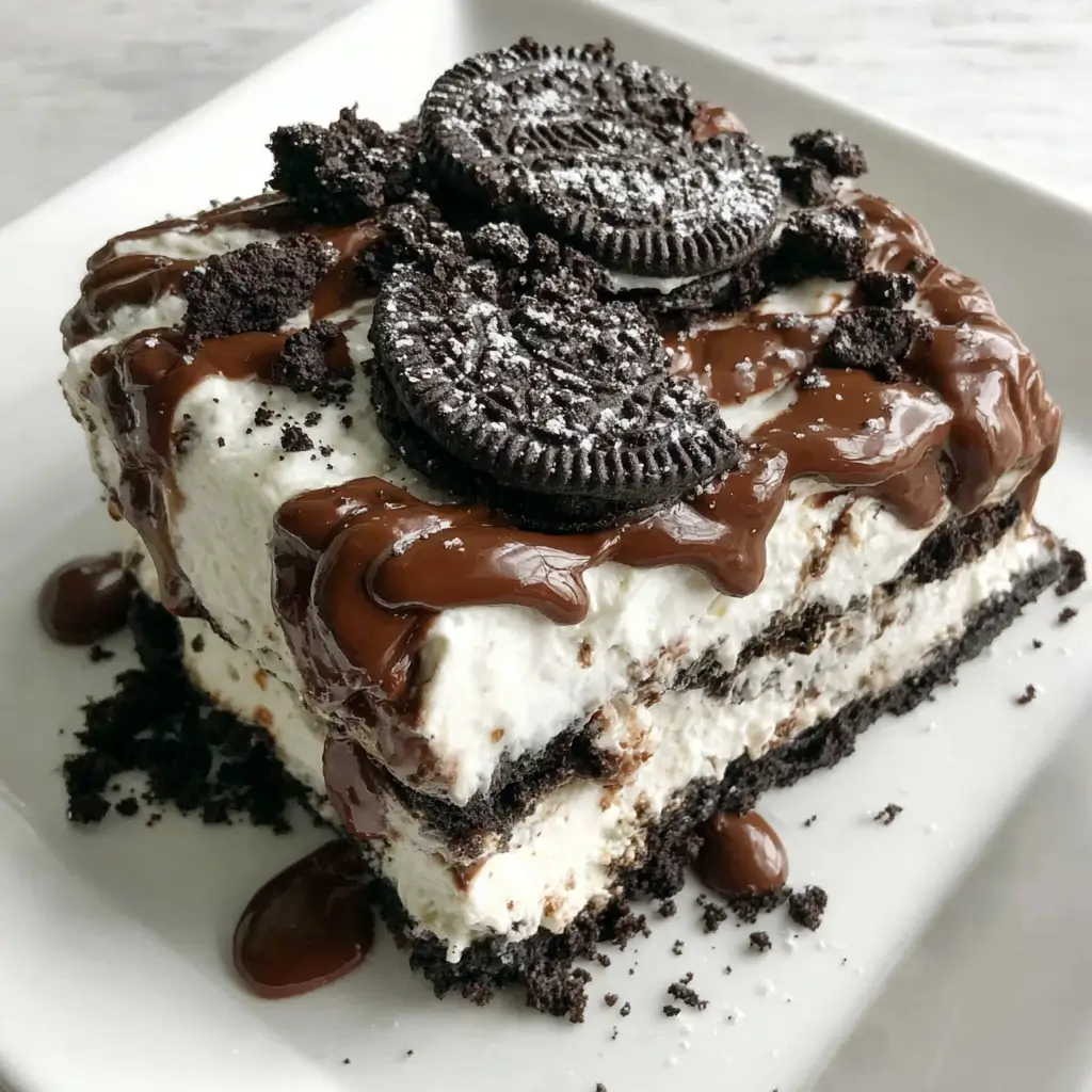 Oreo and Nutella lasagna slice with layers of Oreo crust, creamy filling, and chocolate drizzle topped with whole Oreo cookies and crumbs.