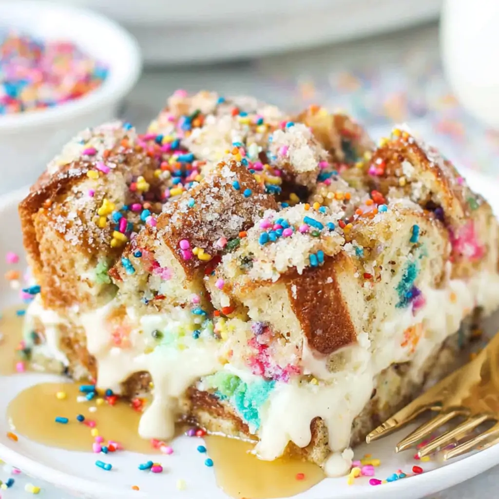 Overnight birthday cake French toast casserole in a white baking dish, drizzled with icing and covered in colorful rainbow sprinkles.