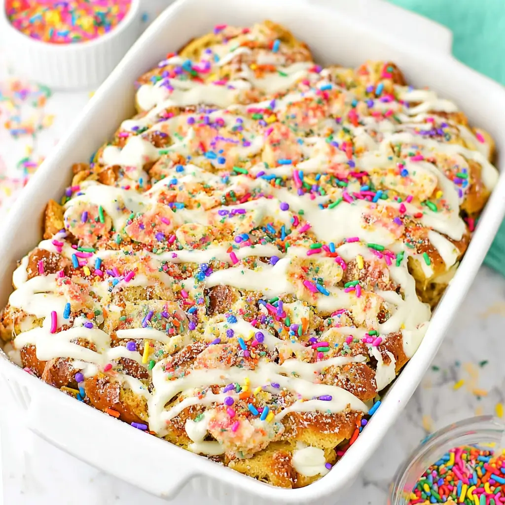 Slice of overnight birthday cake French toast casserole on a plate, dripping with icing and syrup, covered in rainbow sprinkles.
