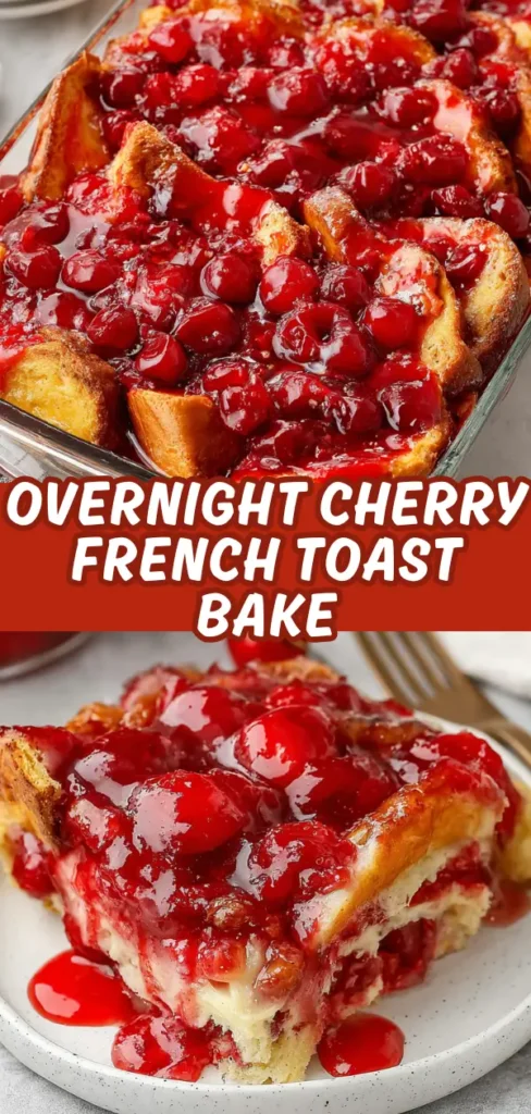 Overnight cherry French toast bake in a glass dish and a plated slice topped with glossy cherry pie filling.