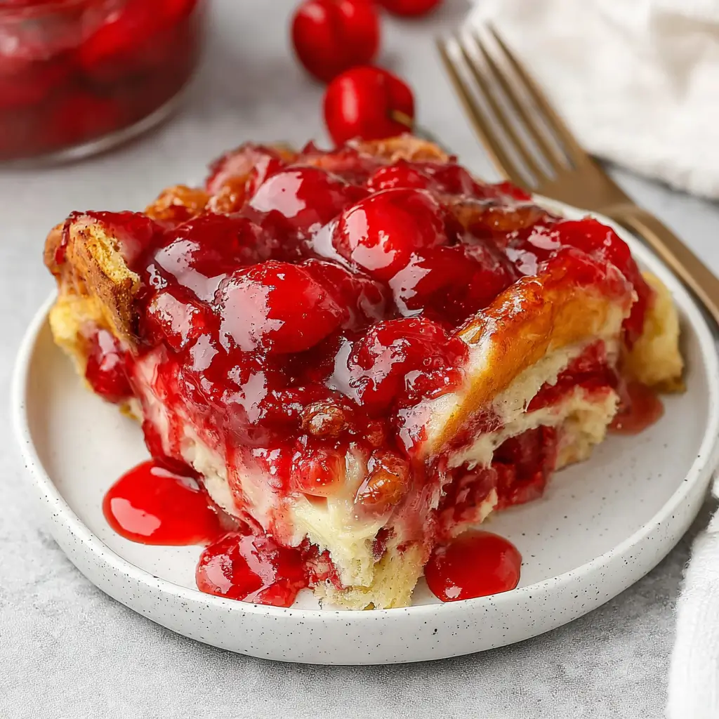 Slice of overnight cherry French toast bake on a plate, dripping with glossy red cherry topping and syrup.