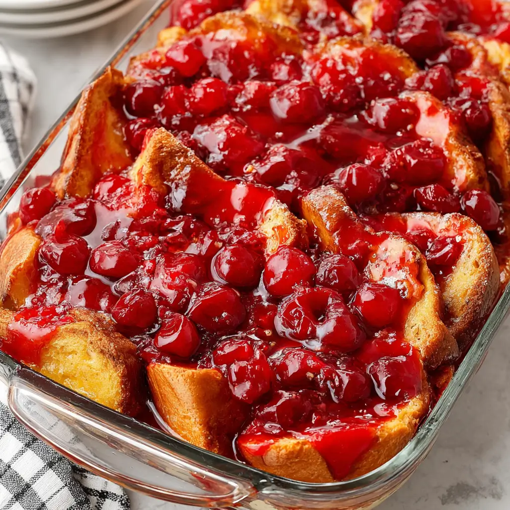 Overnight cherry French toast bake in a glass dish with golden bread slices soaked in sweet cherry pie filling.
