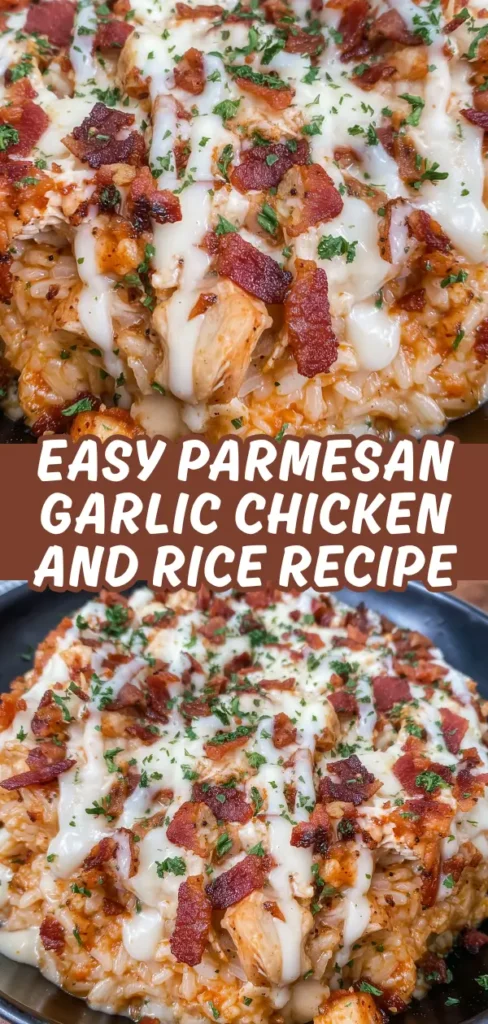 Parmesan garlic chicken and rice dish showing tender chicken pieces mixed with rice topped with melted white cheese crispy bacon bits and fresh chopped parsley.