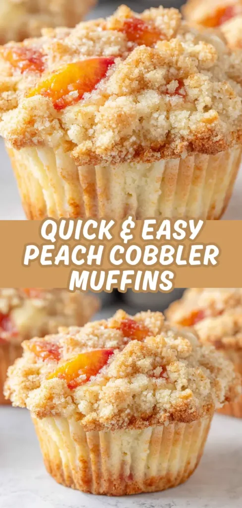Peach cobbler muffins topped with golden crumb streusel and studded with sweet peach pieces.