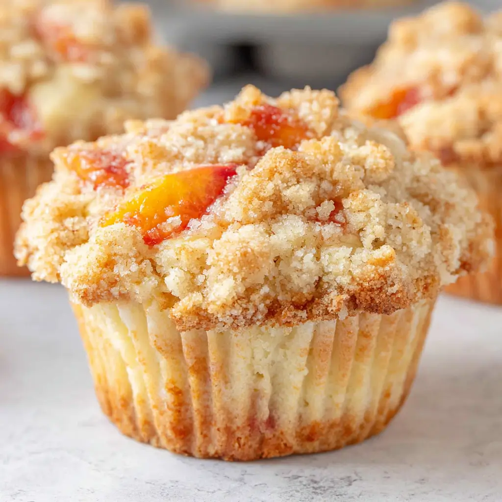 Peach cobbler muffins with a generous buttery crumb topping and visible juicy peach pieces baked right in.