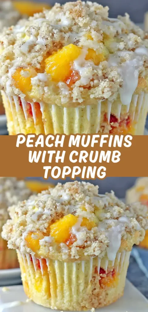 Peach muffins with crumb topping and vanilla glaze, showing tender crumb packed with juicy peach pieces.