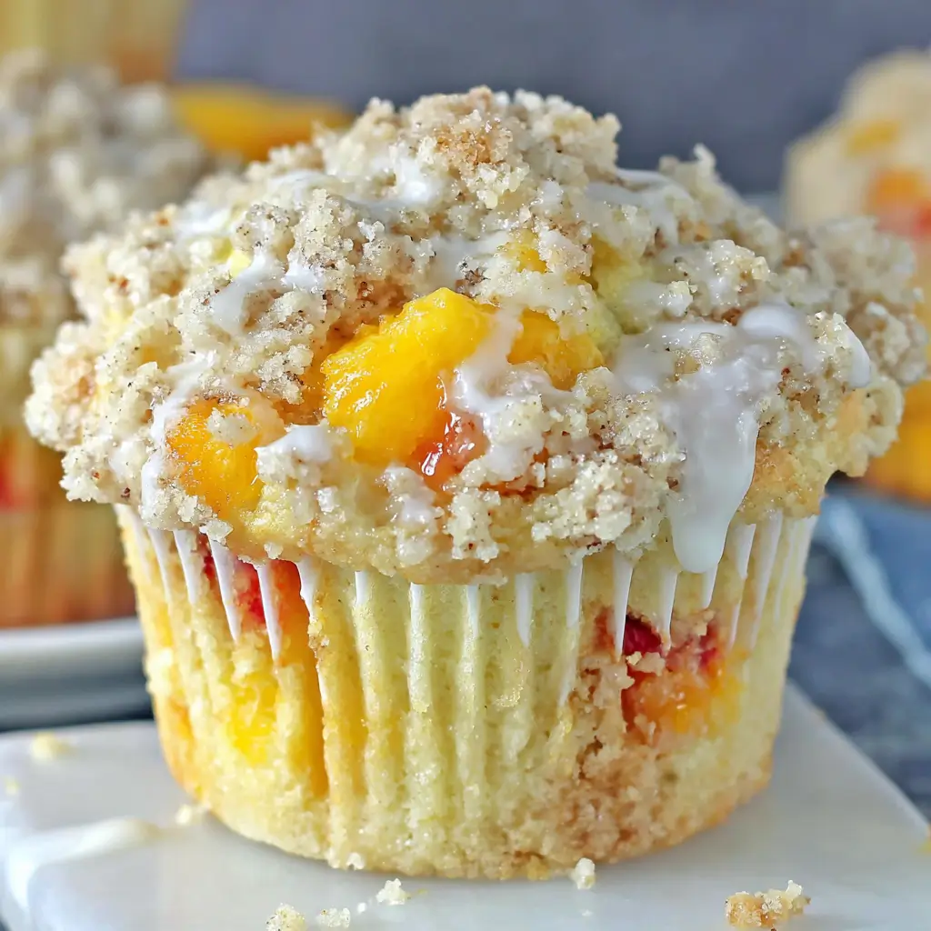 Peach muffin crowned with buttery crumb topping, fresh peach chunks, and sweet vanilla glaze.