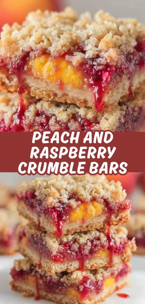 Peach and raspberry crumble bars stacked with buttery shortbread, juicy peach-raspberry filling, and golden crumb topping.
