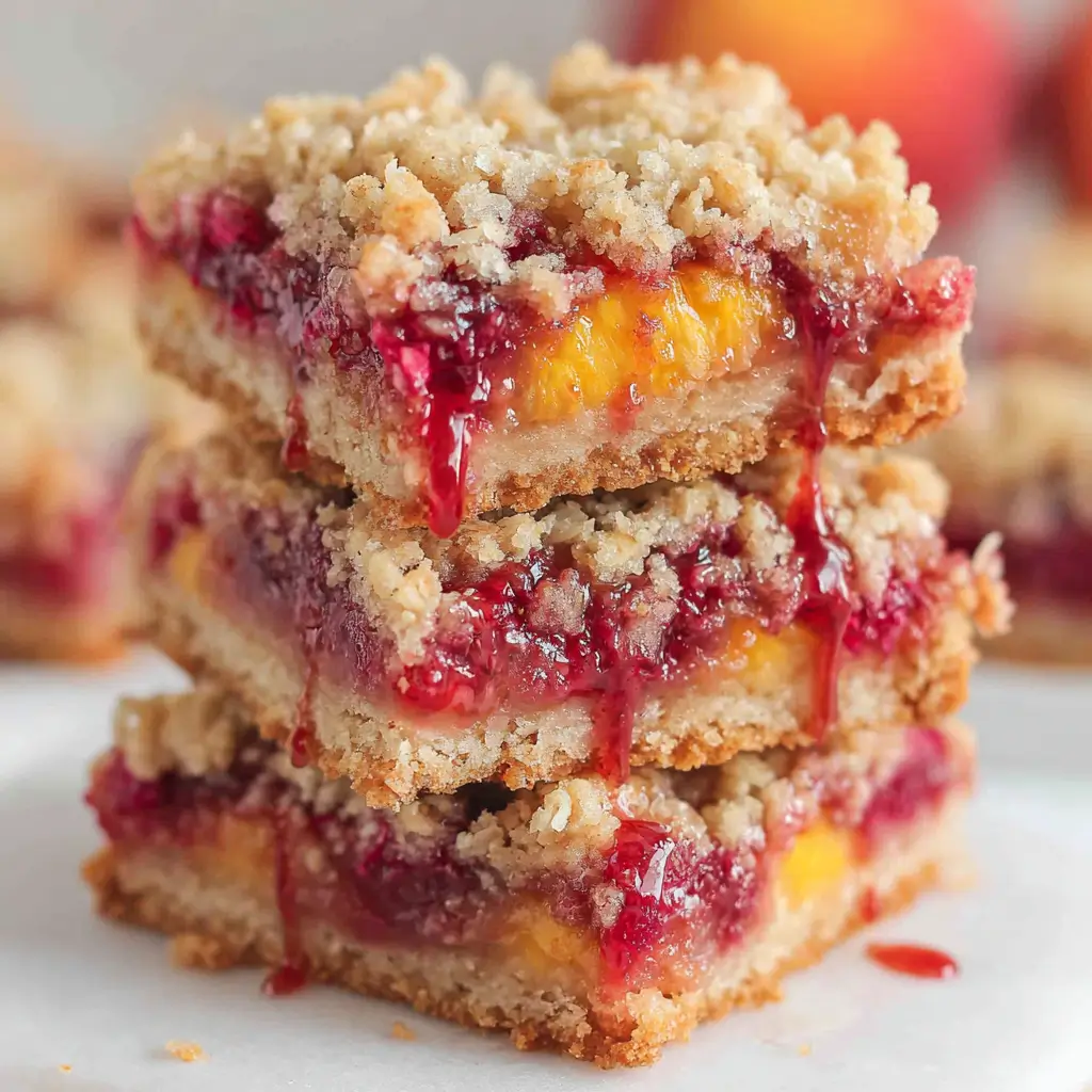 Peach and raspberry crumble bars stacked with buttery shortbread base, juicy peach-raspberry filling, and golden crumb topping.