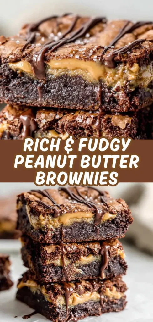Peanut butter brownies stacked to show the fudgy chocolate layers with a generous peanut butter swirl and drizzled with melted chocolate and a sprinkle of sea salt.