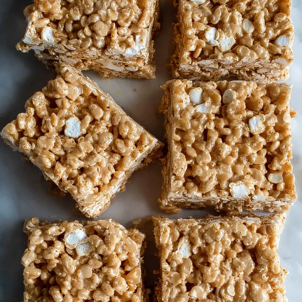 Peanut butter rice krispies treats arranged in squares, studded with mini marshmallows and coated in creamy peanut butter.