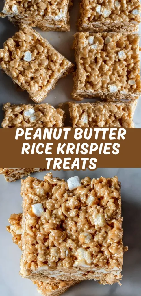 Peanut butter rice krispies treats cut into neat squares, dotted with mini marshmallows and layered with creamy peanut butter coating.