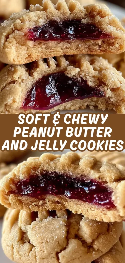 Soft peanut butter and jelly cookies broken in half to reveal the thick, glossy red jelly filling inside.