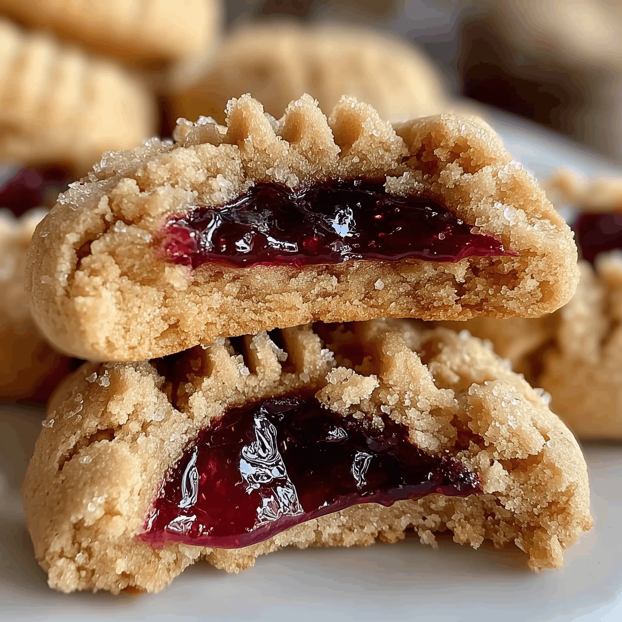Peanut butter and jelly cookies stacked and broken open to show the gooey red jam filling inside a sugar-crusted shell.