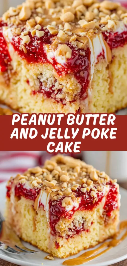 Peanut butter and jelly poke cake slice showing yellow cake soaked with red jelly, white cream layer, peanut butter drizzle, and chopped peanuts.