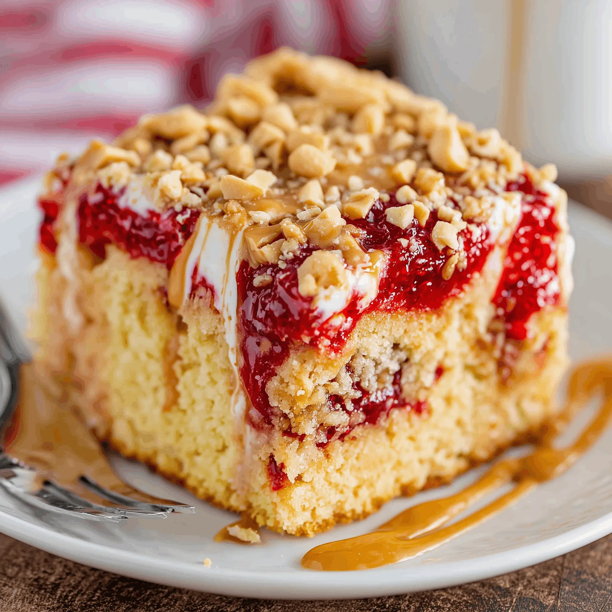 Peanut butter and jelly poke cake slice with yellow cake, red jelly filling, white cream, peanut butter drizzle, and chopped peanuts on top.