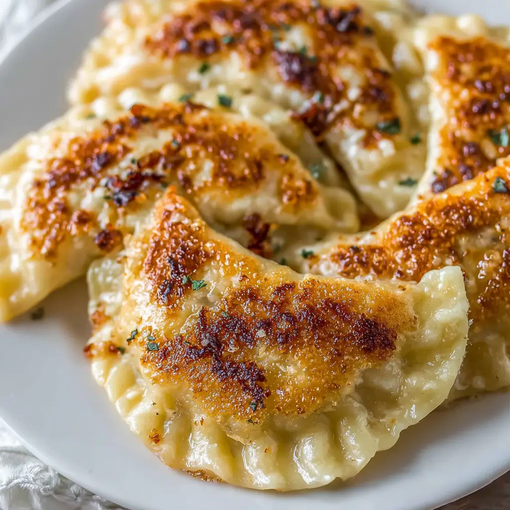 Close-up of crispy, golden-brown pan-fried dumplings or potstickers with a slightly charred surface, garnished with chopped herbs, served on a white plate.