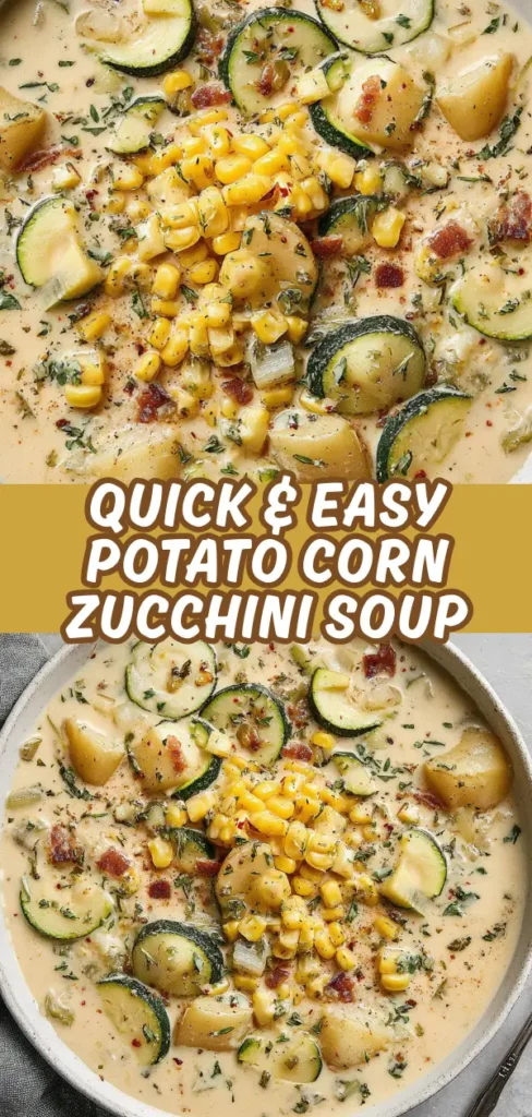 Potato corn zucchini soup with creamy broth, sliced zucchini, diced potatoes, sweet corn, bacon bits, and fresh herbs in a bowl.