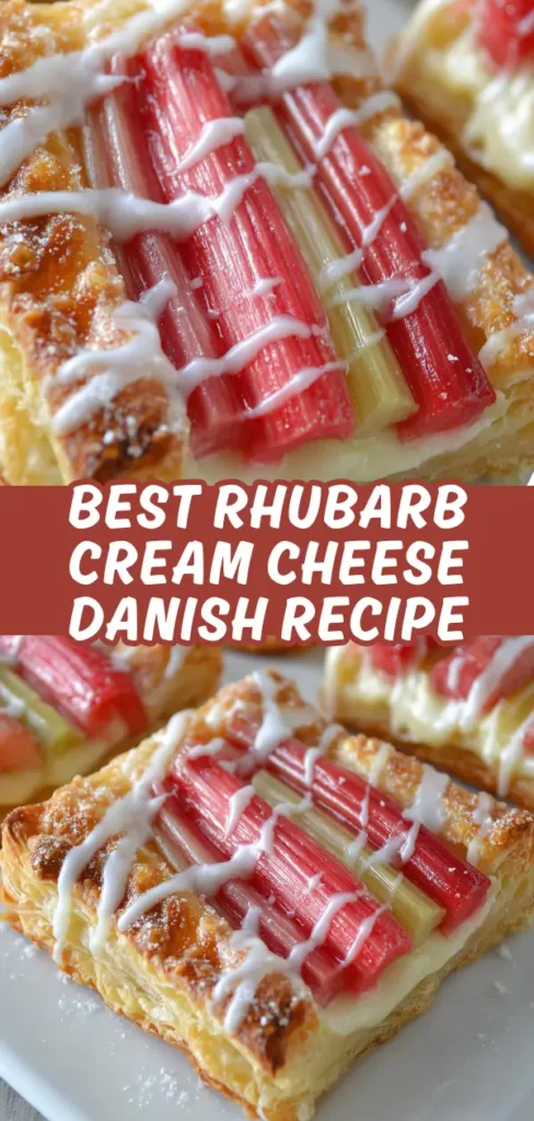 A close-up of a square piece of rhubarb cream cheese Danish pastry topped with fresh red and green rhubarb stalks and drizzled with white icing, served on a white plate.