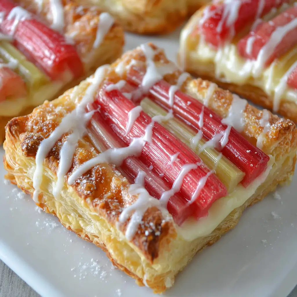 A close-up of a rhubarb tart square with a flaky, golden pastry crust, topped with slices of pink and green rhubarb stalks and drizzled with white icing.