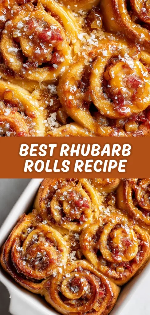 Close-up of freshly baked rhubarb cinnamon rolls topped with sugar crystals, showcasing gooey, spiral-shaped pastries with a caramelized glaze and vibrant red rhubarb pieces.