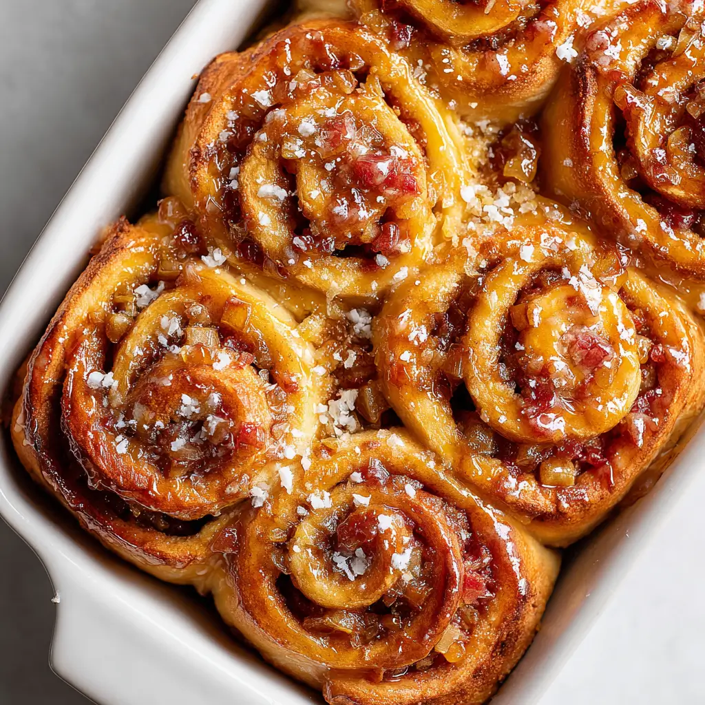 A close-up of a baking dish filled with cinnamon rolls topped with a caramel glaze and sprinkled with coarse sea salt.