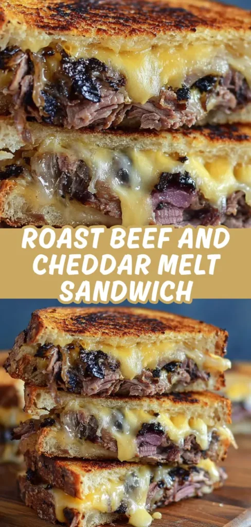 Roast beef and cheddar melt sandwich stacked with toasted bread, tender roast beef, caramelized onions, and gooey melted cheddar cheese.