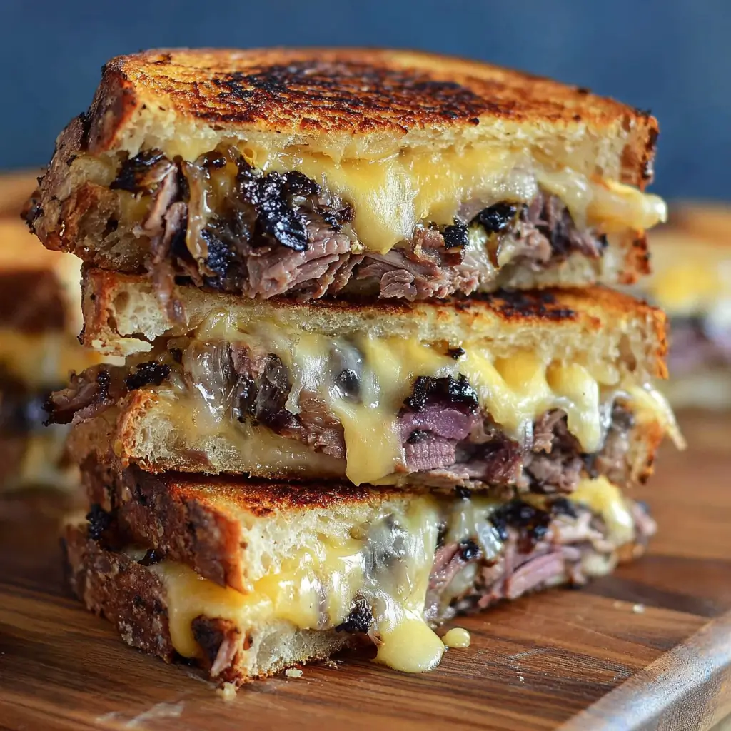 Roast beef and cheddar melt sandwich stacked with toasted bread, tender roast beef, caramelized onions, and gooey melted cheddar cheese.