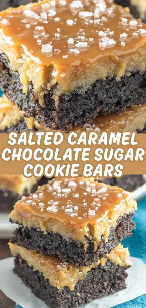 Two photos of stacked salted caramel chocolate sugar cookie bars showing the gooey layers of caramel, cookie, and fudgy chocolate base.