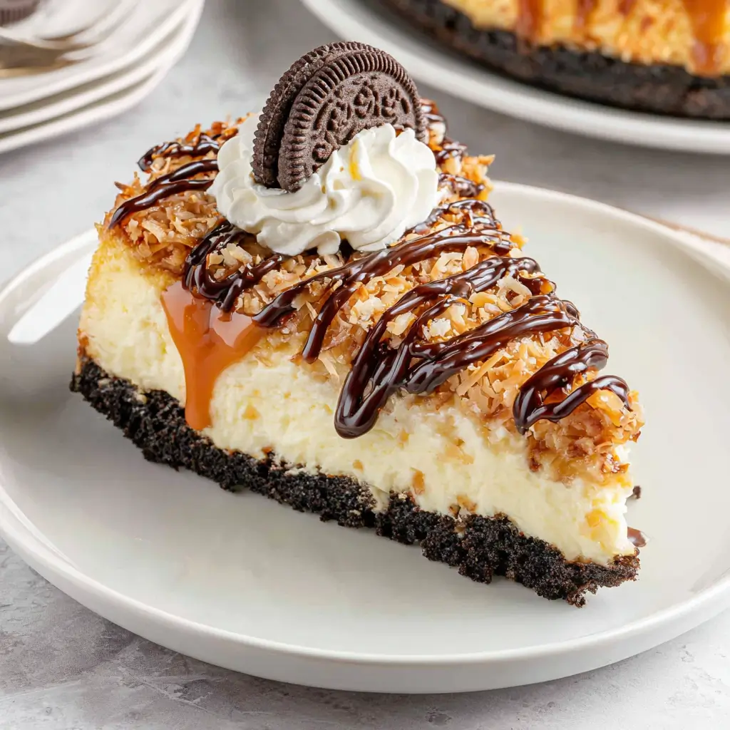 Slice of Samoa cheesecake with Oreo crust, toasted coconut, caramel drizzle, chocolate sauce, and a whipped cream topping crowned with an Oreo cookie.