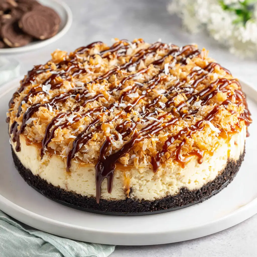 Whole Samoa cheesecake on a white plate with toasted coconut, caramel and chocolate drizzles over a dark Oreo crust.
