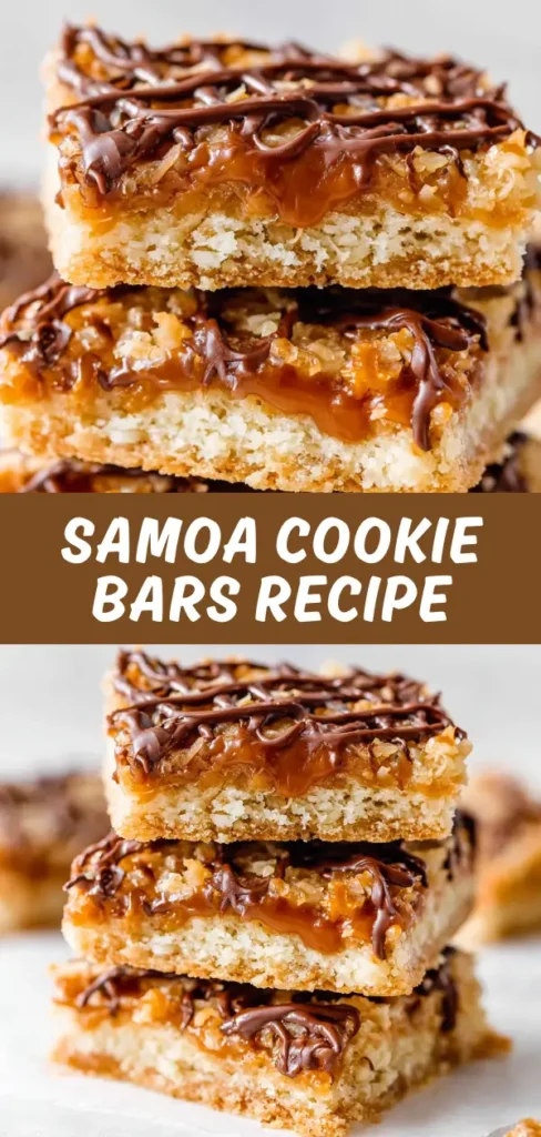Stacked Samoa cookie bars showing shortbread base, thick caramel coconut filling, and chocolate drizzle on top.